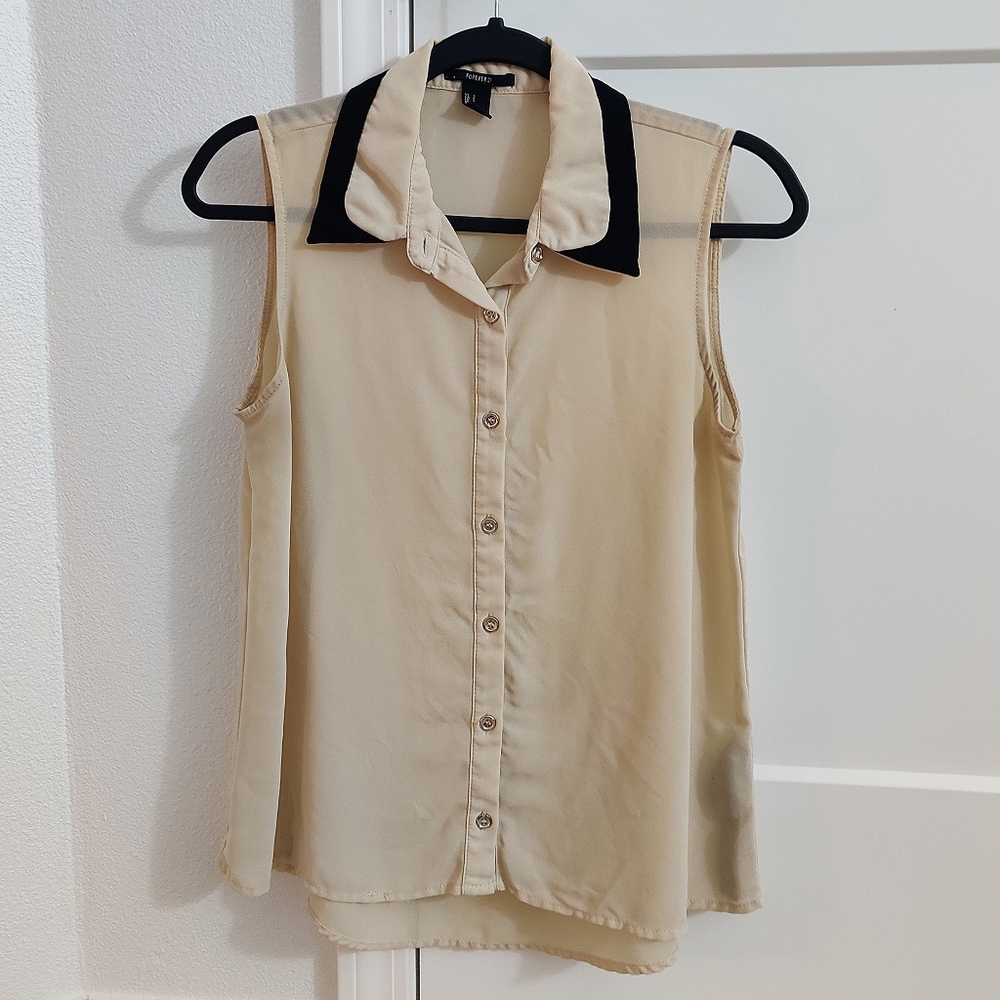 Sheer Beige Button Down Sleeveless Top